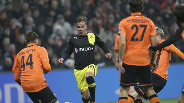 After drawing Shakhtar Donetsk 2-2 in the first leg of the Round of 16, Mario Gotze helped Dortmund to a 3-0 victory in the second leg to advance to the quarter-finals, 5-2 on aggregate. (AP/Efrem Lukatsky) 