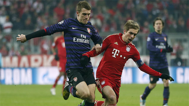 A strong first-leg performance by Bayern at the Emirates lifted Munich into the quarter-finals, but not beofre Arsenal gave the Bundesliga champions a scare at home with a 2-0 win in the second leg. (AP/Matthias Schrader)