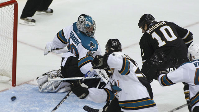 Brenden Morrow of the Dallas Stars sent the San Jose Sharks packing in 2008, eliminating them with his second-round Game 6 winner at 9:03 of the 4th overtime. (AP/Sharon M. Steinman)