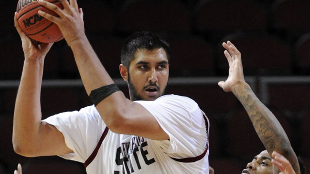 7-foot-5 Sim Bhullar from New Mexico State, a native of Toronto. (AP/David Becker)