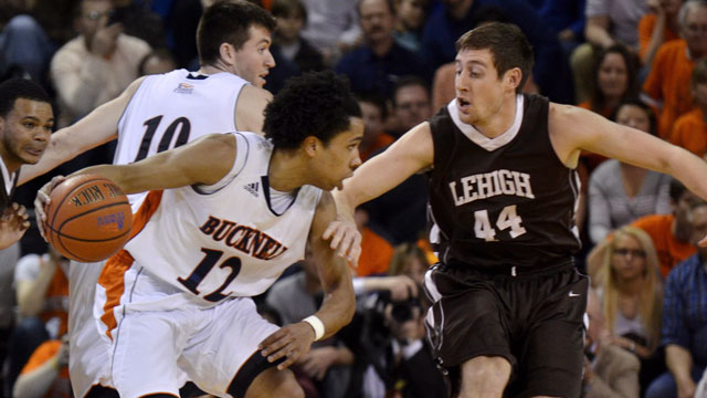 Bryson Johnson (12), a 6-foot-2 guard for Bucknell out of Pictou, N.S. (AP/Ralph Wilson)