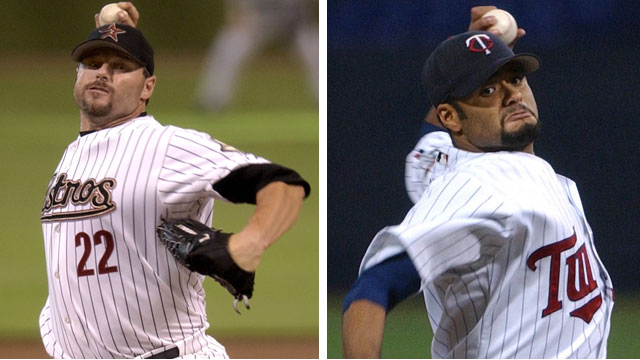 Houston Astro Roger Clemens (left) and Johan Santana of the Minnesota Twins win the 2004 NL and AL Cy Young Awards, respectively. (AP/David J. Phillip, Jim Mone)