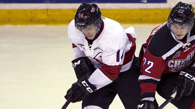 Forward Laurent Dauphin (left) of the Chicoutimi Sagueneens. (CP/Andrew Vaughan)