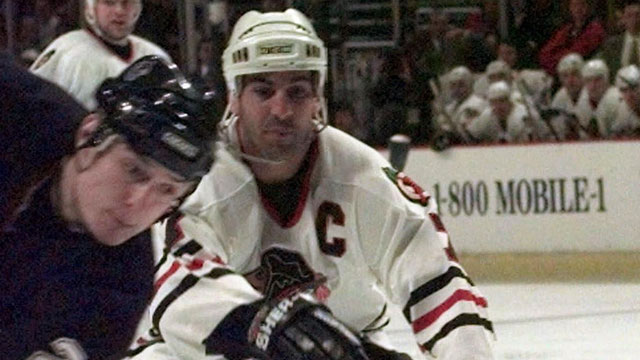 Chris Chelios (right) exploded offensively in 1995-96, maintaining his reliability in his own end to win the Norris that season as a member of the Chicago Blackhawks; the third of his career. (AP/Fred Jewell)