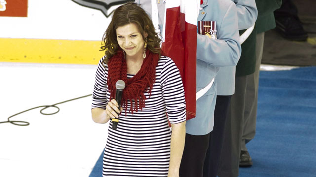Singer Alexis Normand made waves by butchering the American National Anthem before a game between the Portland Winterhawks and the Halifax Mooseheads. (CP/Liam Richards)