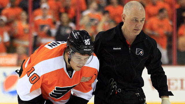 Penguins’ forward Aaron Asham crosschecks Philadelphia Flyer Brayden Schenn in the throat and then punches him in the back of the head in Game 3 of their first round series in retaliation for his big hit on Pens’ defender Paul Martin. Asham gets four games for the hit. (AP/Tom Mihalek)