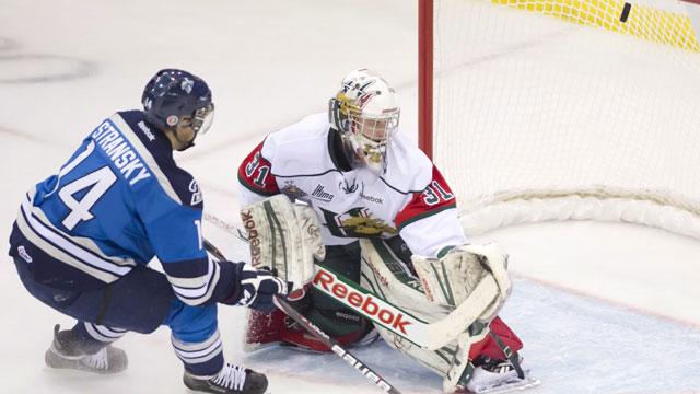 Saskatoon proved they weren't to be taken lightly, downing Halifax 5-2 on Day 3, helped by this goal from Matej Stransky. (CP/Liam Richards)