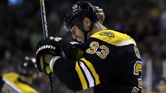 Boston Bruins captain Zdeno Chara is the biggest minute muncher in the National Hockey League and will look to pound Chicago’s talented forwards.  (AP/Elise Amendola)