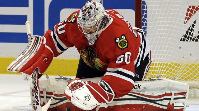 Corey Crawford of the Chicago Blackhawks currently sits only second to Tuukka Rask in playoff save percentage and is tops in goals-against average. He’s been very steady, especially since the Hawks turned their second round series against the Red Wings around. (AP/Nam Y. Huh)