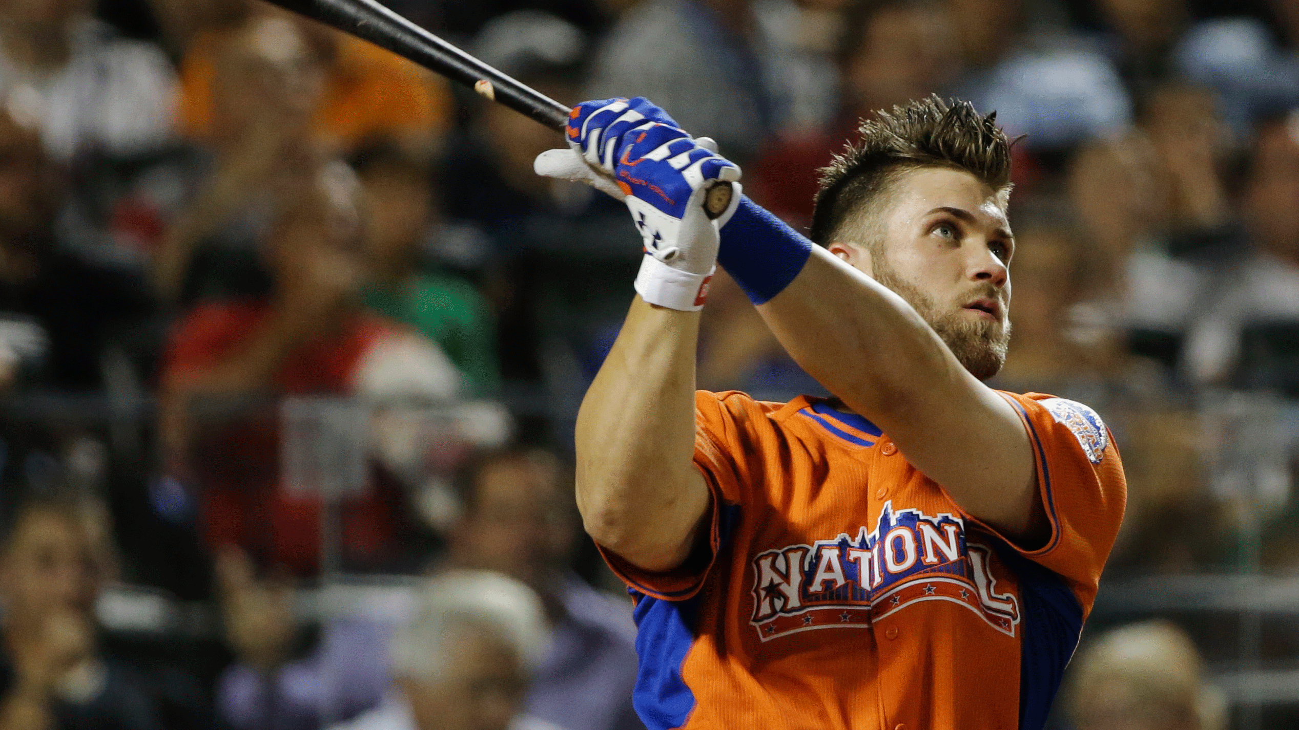 Home Run Derby finalist Bryce Harper cracks a home run. (AP/Matt Slocum)