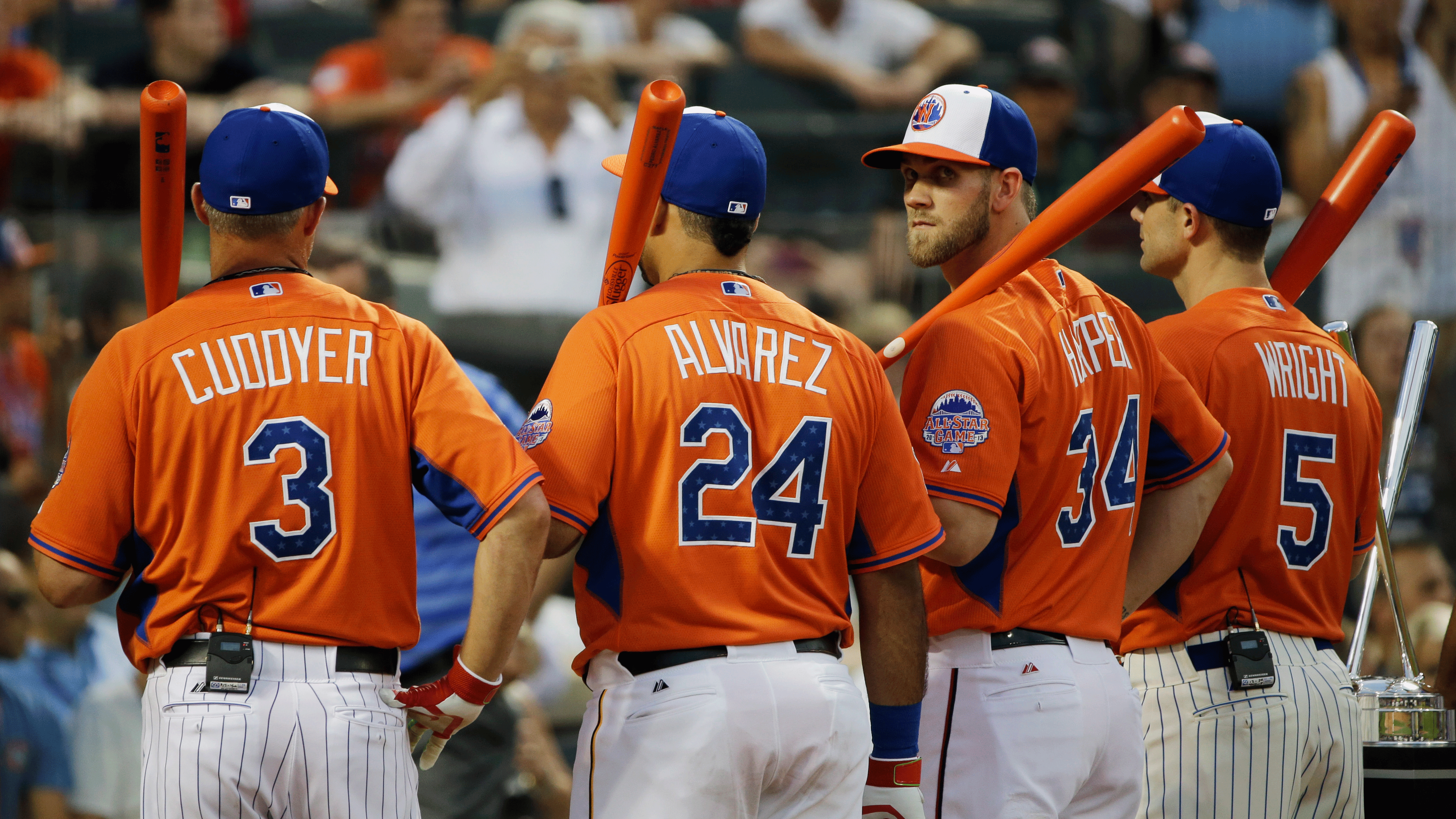 The National League Home Run Derby team poses, from left Michael Cuddyer, Pedro Alvarez, Bryce Harper, David Wright. (AP/Matt Slocum)