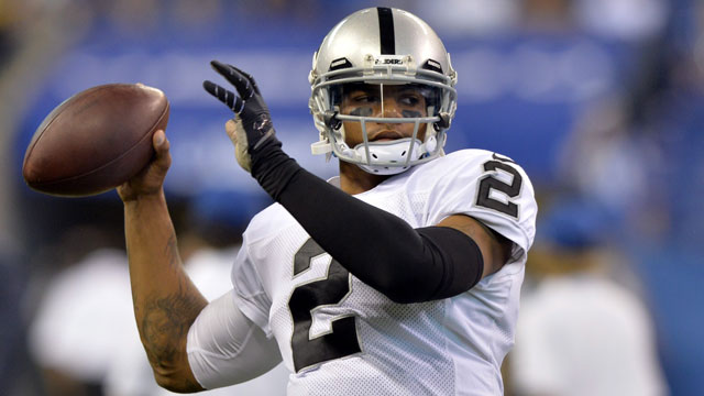 Terrelle Pryor surprised everyone by rushing for 112 yards as the quarterback of the Oakland Raiders and was Sunday’s top runner (AP/Doug McSchooler)