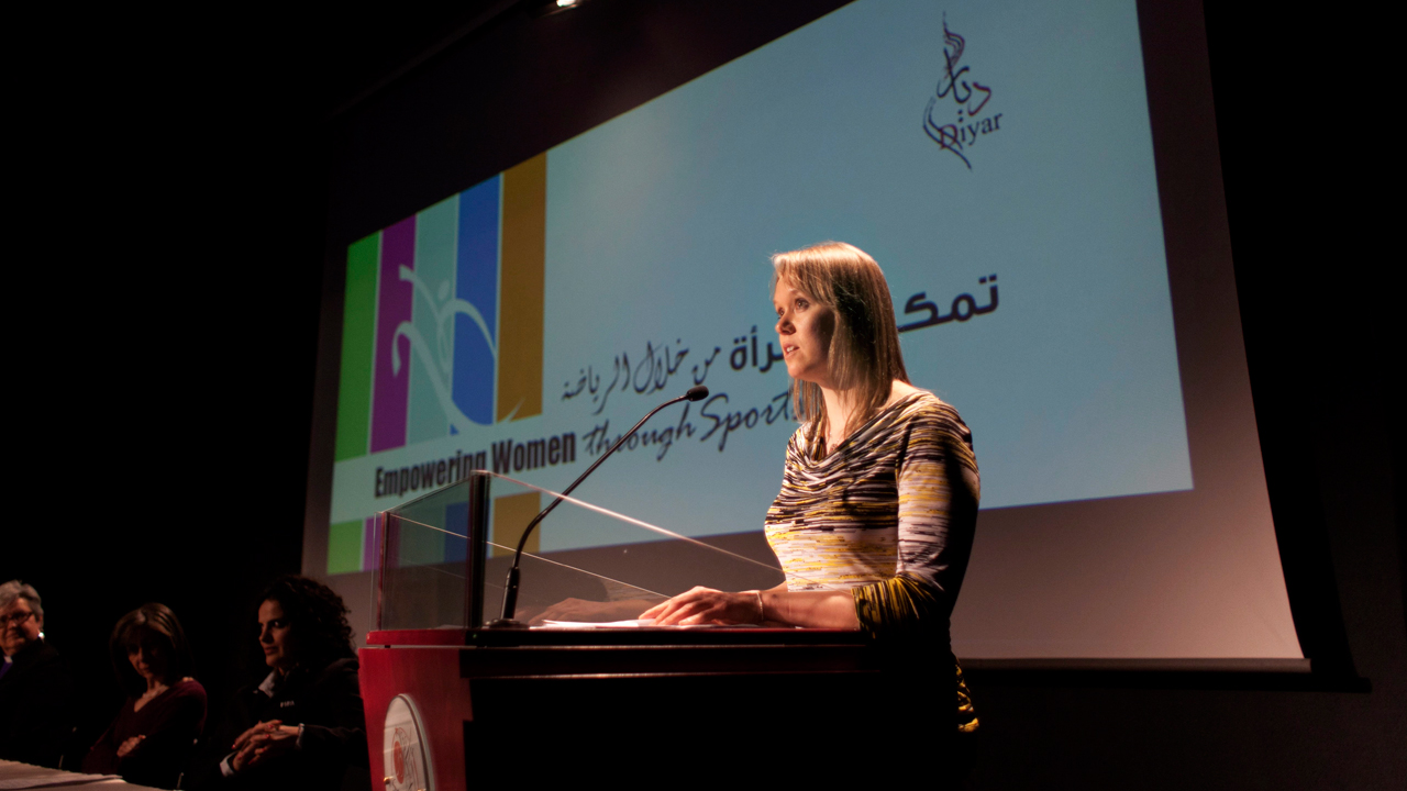 Canadian-speed-skater-Cindy-Klassen-addresses-Palestinian-female-attendees-and-officials-during-the-inauguration-ceremony-of-the-Dar-al-Kalima-women's-indoor-gym.-Nasser-Nasser/AP