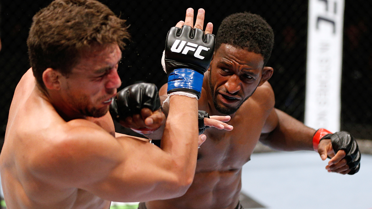 UFC welterweight Neil Magny seen here throwing a punch at Rodrigo de Lima back in 2014. (Josh Hedges/Zuffa LLC via Getty)