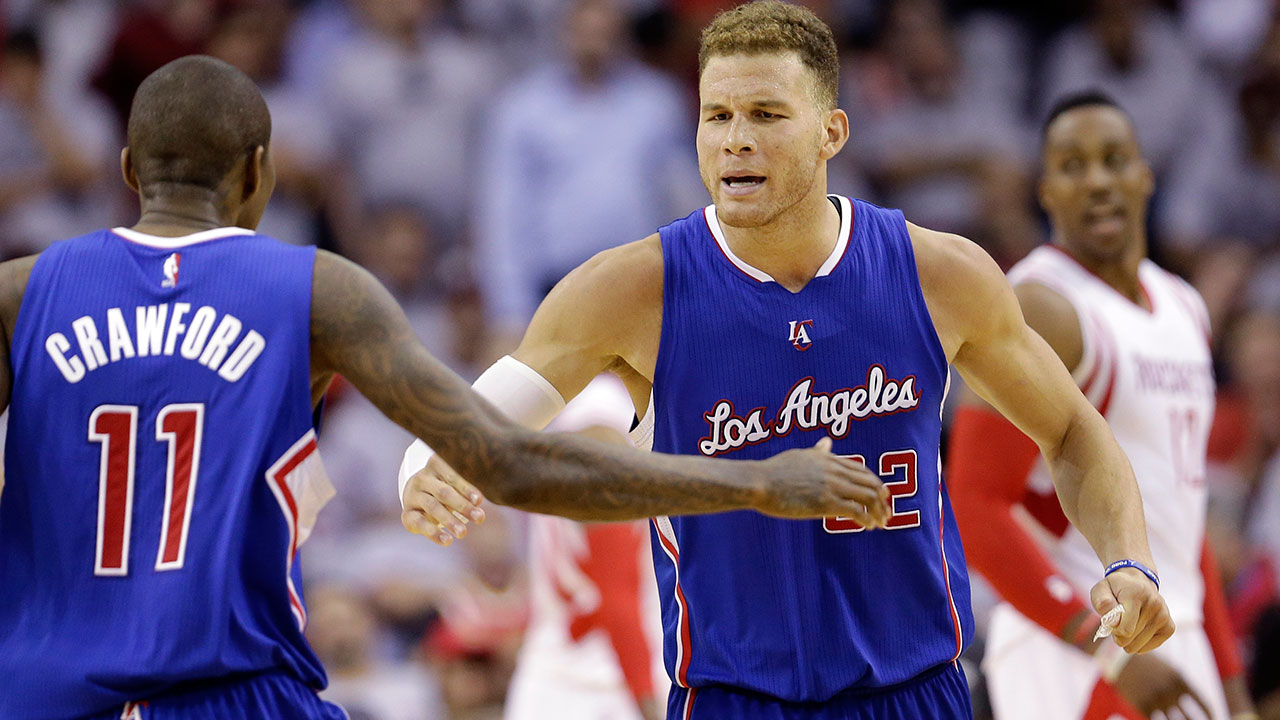 Los Angeles Clippers' Blake Griffin (32) celebrates with teammate Jamal Crawford (11). (David J. Phillip/AP)