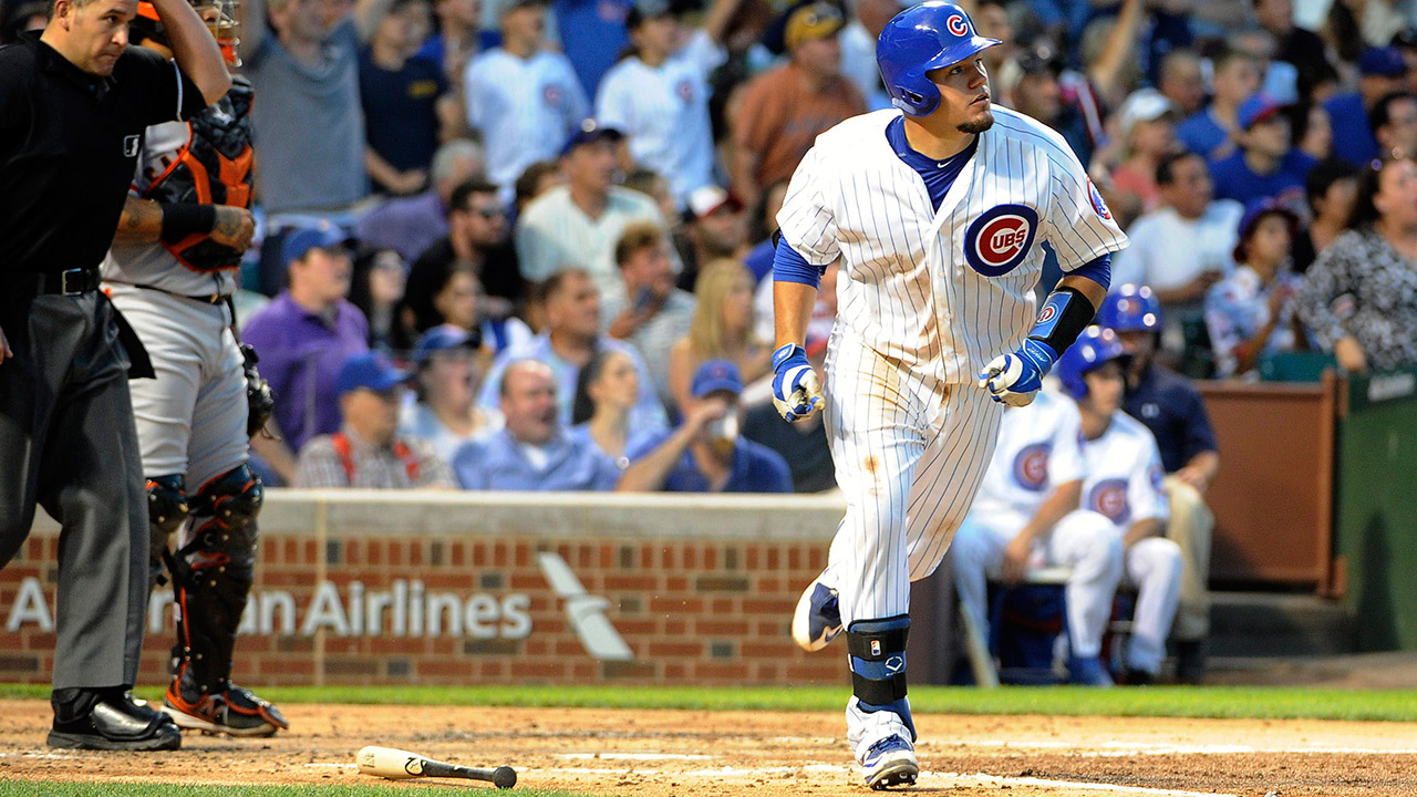 Chicago Cubs' Kyle Schwarber watches his three-run home run against the San Francisco Giants. (Kyle Schwarber/AP)