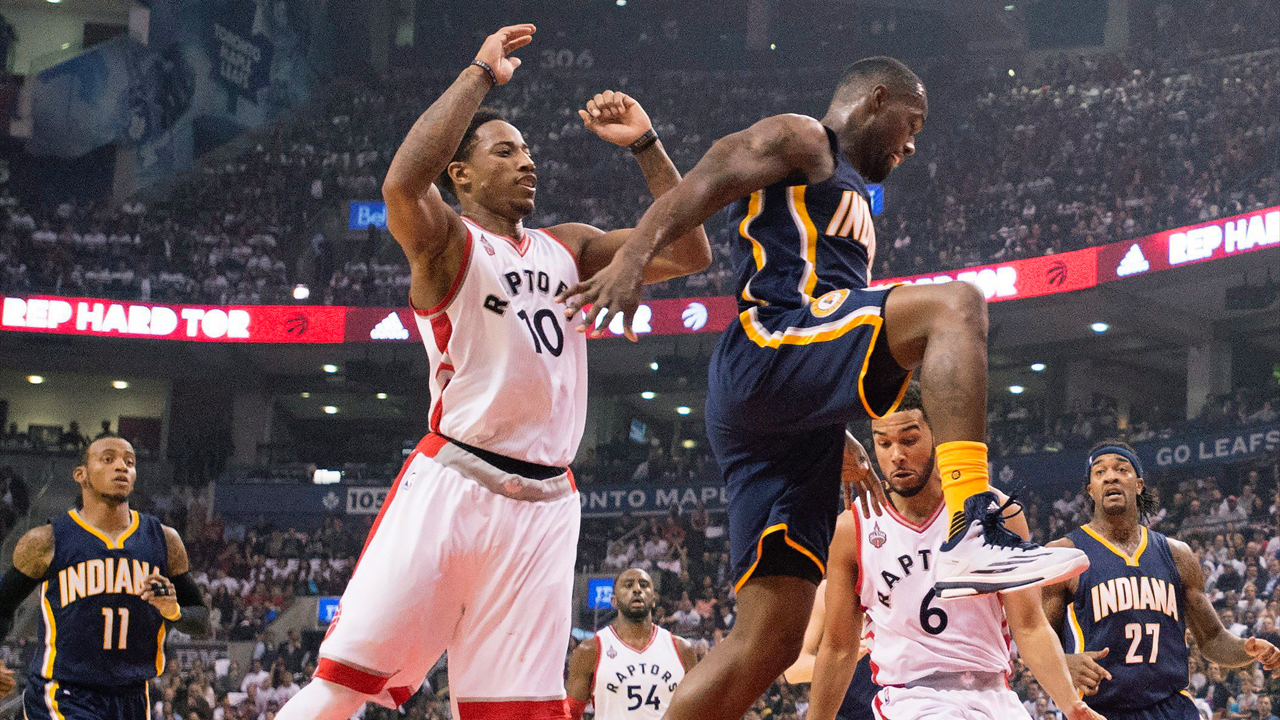 DeMar-DeRozan;-Rodney-Stuckey;-Cory-Joseph;-Toronto-Raptors;-Indiana-Pacers;-2016-NBA-Playoffs