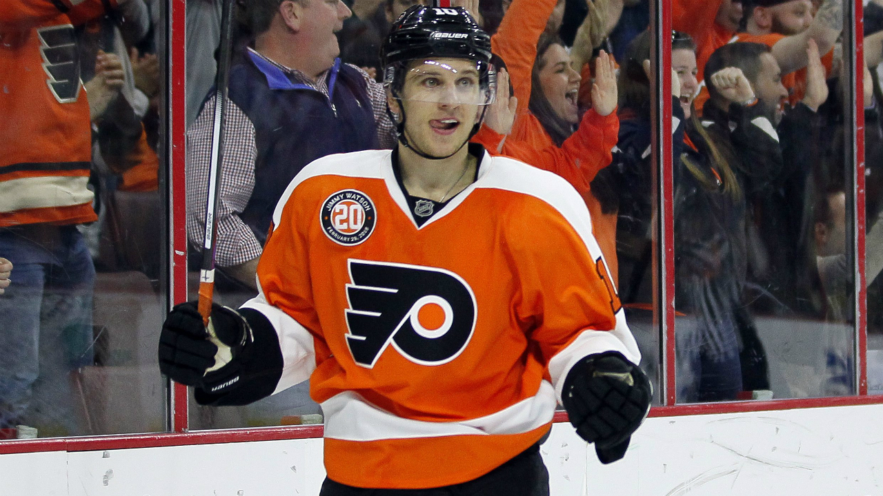 Philadelphia-Flyers'-Brayden-Schenn-reacts-after-scoring-during-the-second-period-of-an-NHL-hockey-game-against-the-Calgary-Flames-on-Monday,-Feb.-29,-2016-in-Philadelphia.-(AP-Photo/Tom-Mihalek)