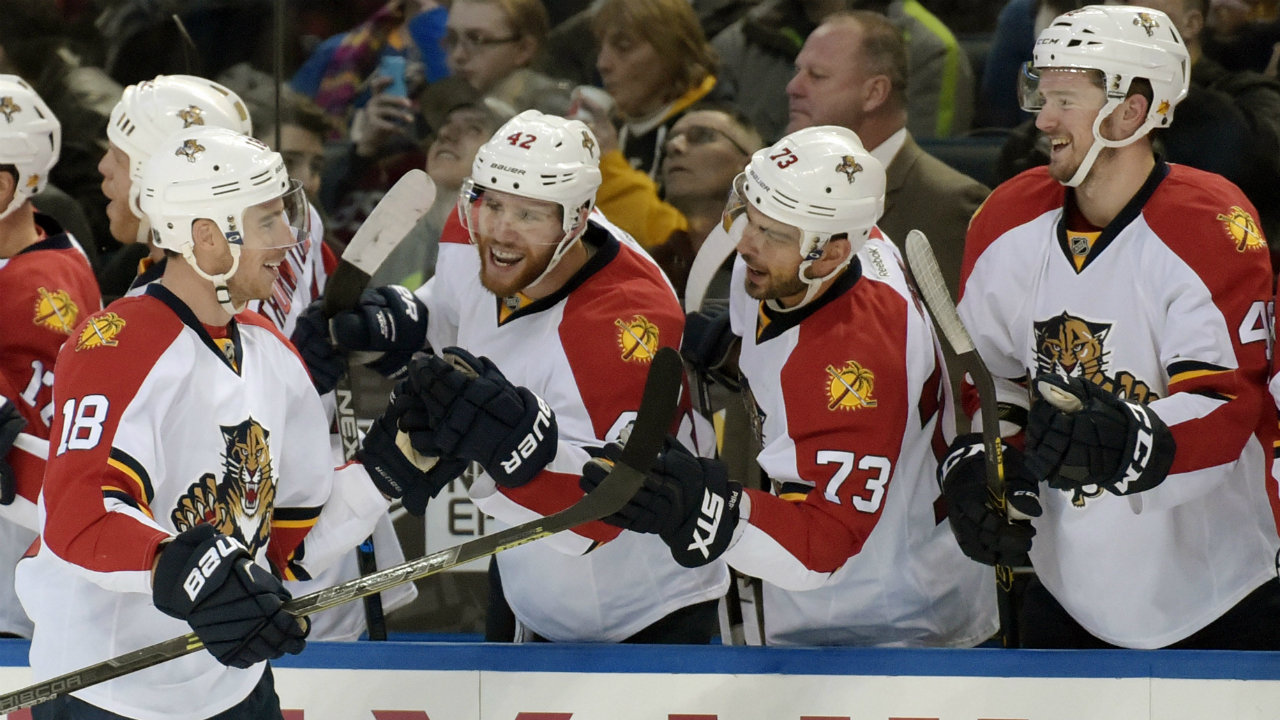 Florida-Panthers'-Reilly-Smith-(18)-celebrates-his-goal-with-Quinton-Howden-(42),-Brandon-Pirri-(73)-and-Logan-Shaw-(48)-during-the-first-period-of-an-NHL-hockey-game-against-the-Buffalo-Sabres,-Tuesday,-Feb.-9,-2016-in-Buffalo,-N.Y.-(AP-Photo/Gary-Wiepert)