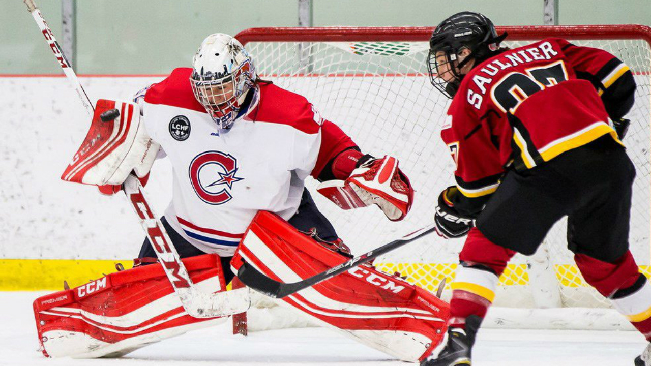 Montreal-Les-Canadiennes-goaltender-Charline-Labonte-stops-Jillian-Saulnier-of-the-Calgary-Inferno-in-Canadian-Women's-Hockey-League-action-at-the-Markin-McPhail-Centre-in-Calgary-on-Sunday,-February-14,-2016.-THE-CANADIAN-PRESS/HO---Calgary-Inferno,-Dave-Holland