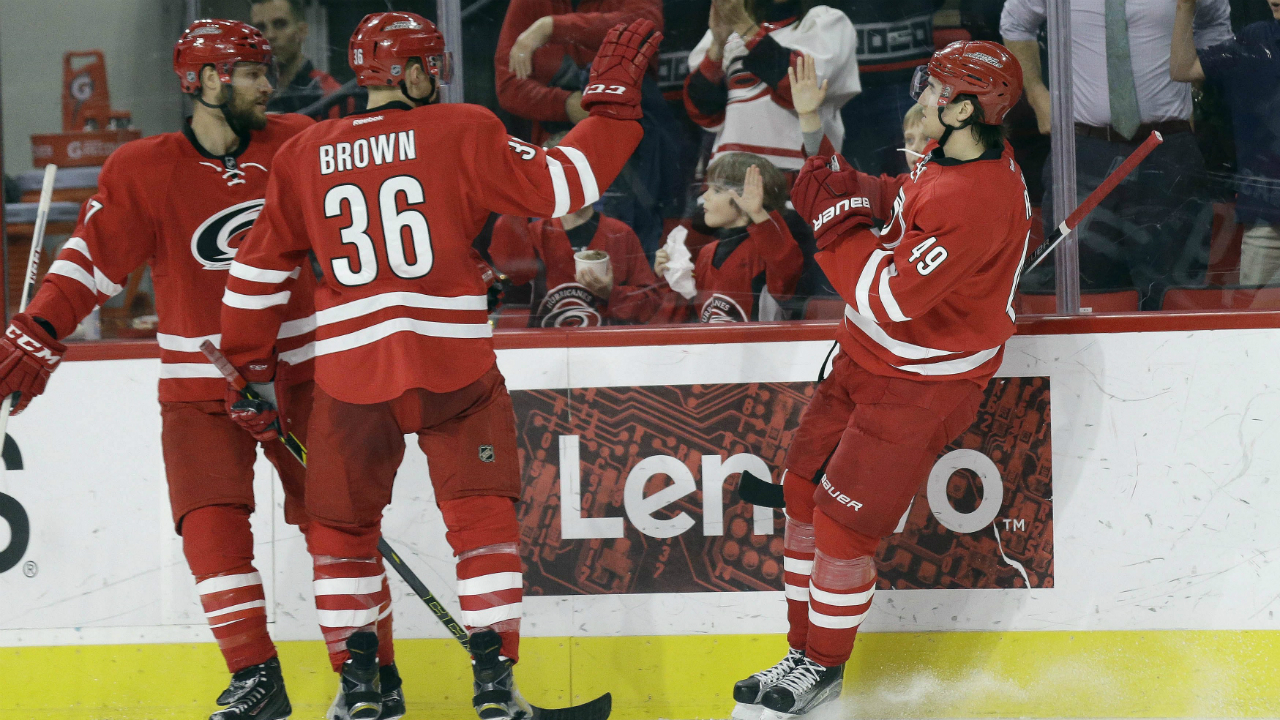 Carolina-Hurricanes'-Victor-Rask-(49)-is-congratulated-by-Patrick-Brown-(36)-and-Michal-Jordan,-left,-of-Switzerland-following-Rask's-goal-against-the-New-Jersey-Devils-during-the-second-period-of-an-NHL-hockey-game-in-Raleigh,-N.C.,-Sunday,-March-27,-2016.-Carolina-won-3-2.-(AP-Photo/Gerry-Broome)