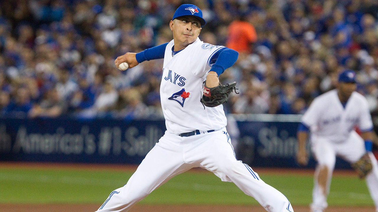 Toronto Blue Jays pitcher Jesse Chavez pitches against the Boston Red Sox. (Fred Thornhill/CP)