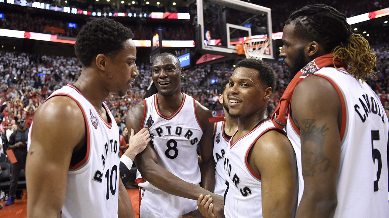 Bismack-Biyombo;-DeMar-DeRozan-;-Cory-Joseph;-Kyle-Lowry(7)-and-DeMarre-Carroll-(5)-after-their-Eastern-Conference-final-NBA-playoff-basketball-win-over-the-Cleveland-Cavaliers-in-Toronto-on-Saturday,-May-21,-2016.-(Frank-Gunn/CP)