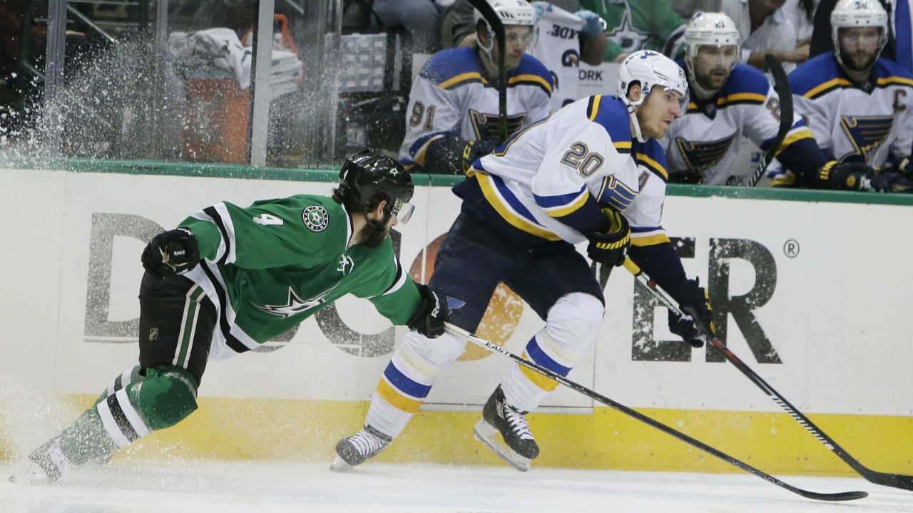 St.-Louis-Blues-left-wing-Alexander-Steen-(20)-takes-control-of-the-puck-against-Dallas-Stars-defenseman-Jason-Demers-(4)-during-the-second-period-of-Game-2-of-the-NHL-hockey-Stanley-Cup-Western-Conference-semifinals,-Sunday,-May-1,-2016,-in-Dallas.-(AP-Photo/LM-Otero)
