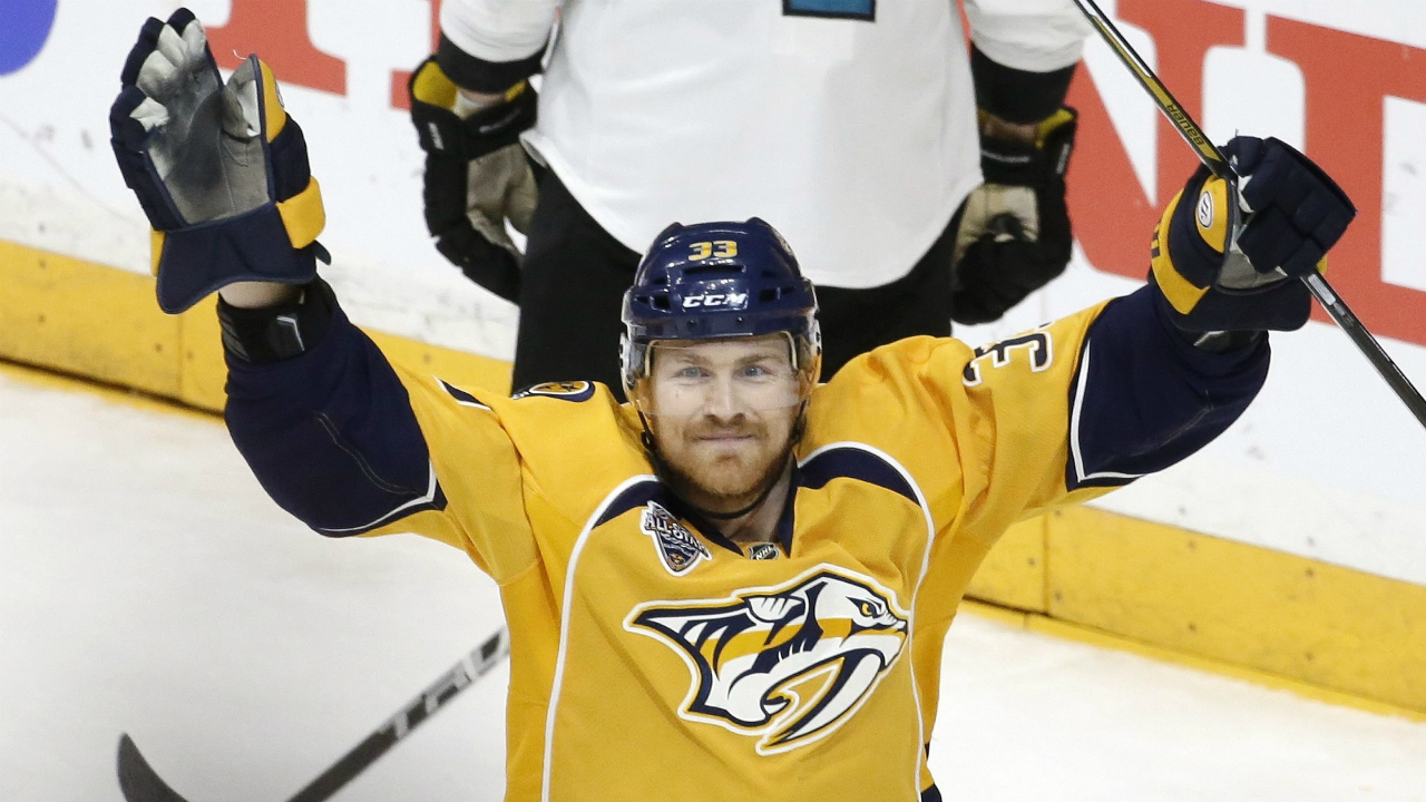 Nashville-Predators-center-Colin-Wilson-celebrates-after-scoring-a-goal-against-the-San-Jose-Sharks-during-the-third-period-in-Game-6-of-an-NHL-hockey-Stanley-Cup-Western-Conference-semifinal-playoff-series,-Monday,-May-9,-2016,-in-Nashville,-Tenn.-(AP-Photo/Mark-Humphrey)