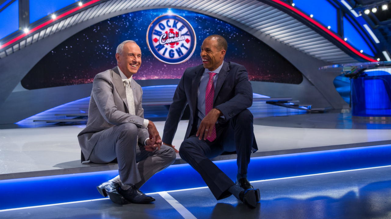 Hockey-Night-in-Canada-hosts-Ron-MacLean,-left,-and-David-Amber.