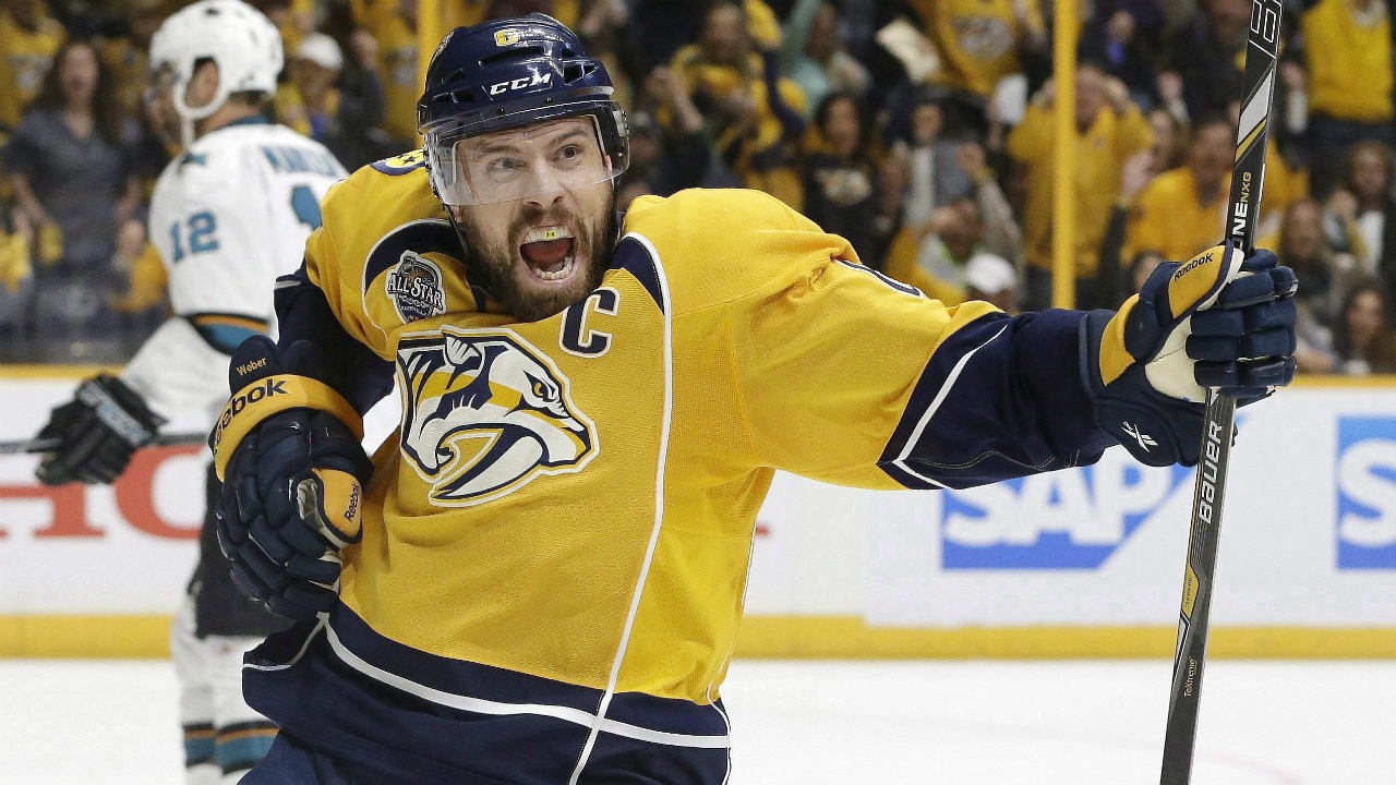 Nashville-Predators-defenseman-Shea-Weber-(6)-celebrates-after-scoring-a-goal-against-the-San-Jose-Sharks-during-second-period-in-Game-3-of-an-NHL-hockey-Stanley-Cup-Western-Conference-semifinal-playoff-series-Tuesday,-May-3,-2016,-in-Nashville,-Tenn.-The-Montreal-Canadiens-have-traded-defenceman-P.K.-Subban-to-the-Nashville-Predators-for-defenceman-Shea-Weber.-THE-CANADIAN-PRESS/AP,-Mark-Humphrey