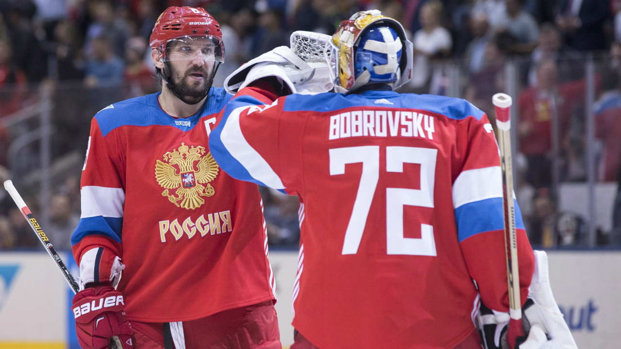 Team Russia's Alex Ovechkin, left, congratulates goaltender Sergei Bobrovsky on his shutout at the final buzzer as their team beat Team Finland 3-0 in World Cup of Hockey action in Toronto on Thursday, Sept. 22, 2016. (CP/Chris Young)