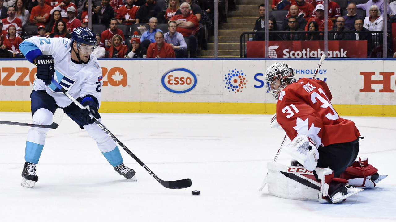 Team-Europe's-Andrej-Sekera-(2)-skates-in-alone-but-is-stopped-by-Team-Canada-goalie-Carey-Price-(31)-during-second-period-World-Cup-of-Hockey-finals-action-in-Toronto-on-Tuesday,-September-27,-2016.THE-CANADIAN-PRESS/Nathan-Denette