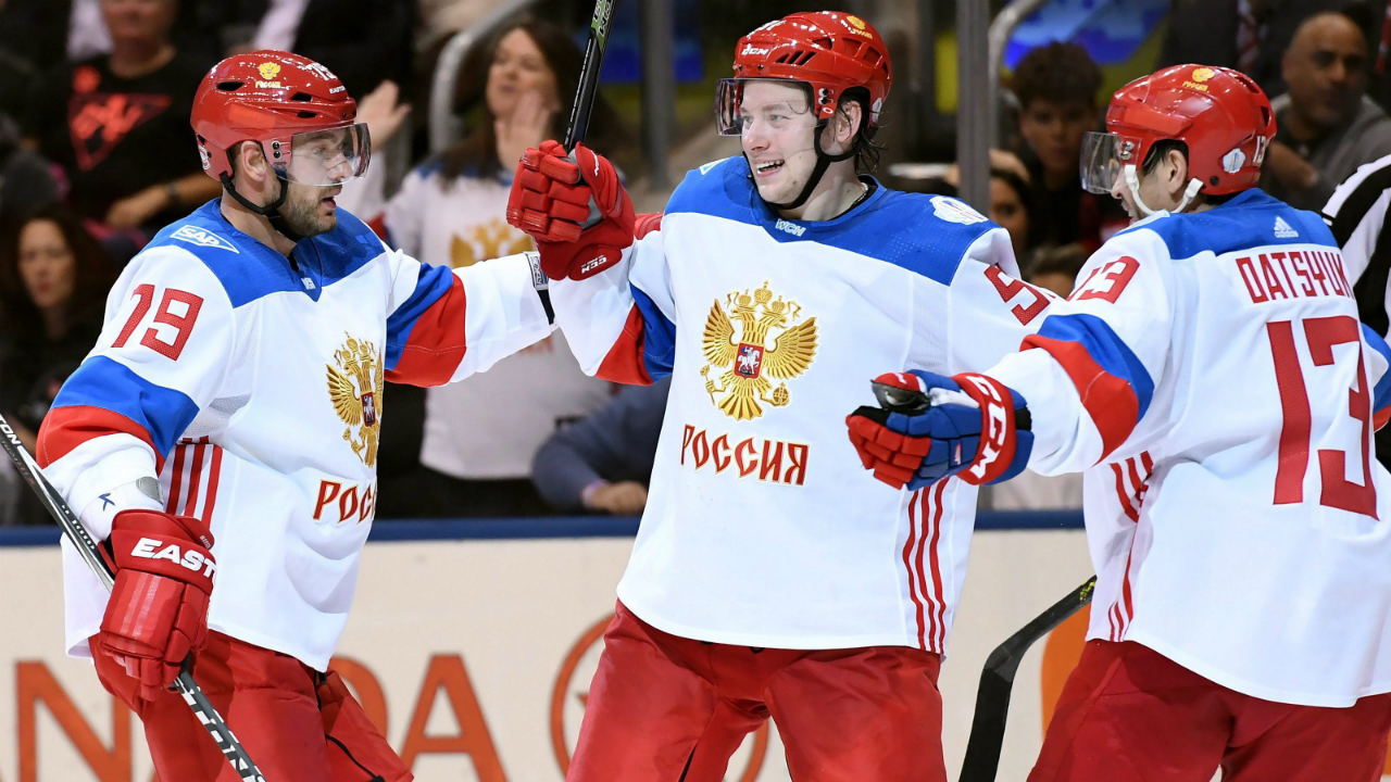 Team-Russia's-Andrei-Markov-(79)-and-Pavel-Datsyuk-(13)-congratulate-Vladimir-Tarasenko-(91)-on-his-goal-during-second-period-World-Cup-of-Hockey-action-against-Team-North-America-in-Toronto-on-Monday,-September-19,-2016.-THE-CANADIAN-PRESS/Frank-Gunn
