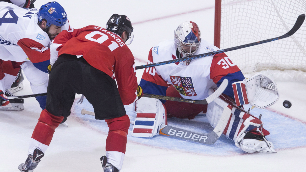 The-Czech-Republic's-Michal-Neuvirth-(30)-saves-a-shot-by-Canada's-Steven-Stamkos-(91)-during-third-period-World-Cup-of-Hockey-action,-in-Toronto-on-Saturday,-September-17,-2016.-THE-CANADIAN-PRESS/Chris-Young