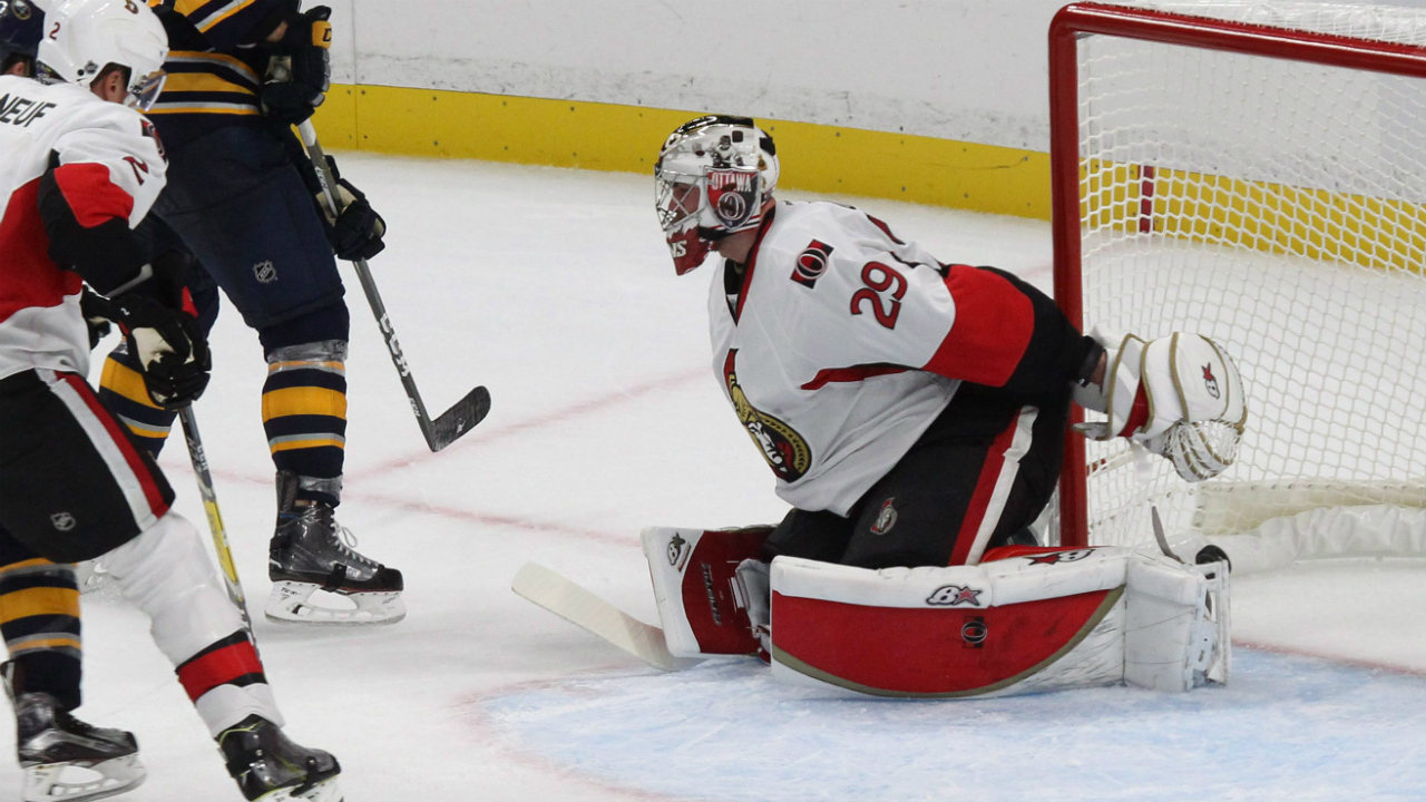 Buffalo-Sabres-defenceman-Jake-McCabe-(29)-scores-on-Ottawa-Senators-goaltender-Matt-O'Connor-(29)-during-overtime-of-a-NHL-preseason-hockey-game,-Tuesday,-Sept.-27,-2016,-in-Buffalo,-New-York.-(AP-Photo/Jeffrey-T.-Barnes)