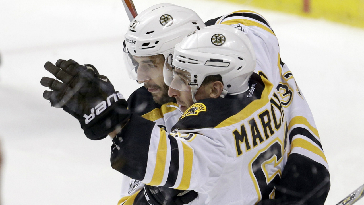 Boston-Bruins-left-wing-Brad-Marchand-(63)-celebrates-his-goal-with-teammate-Patrice-Bergeron-(37)-in-the-first-period-of-an-NHL-hockey-game-against-the-Florida-Panthers,-Saturday,-Jan.-7,-2017-in-Sunrise,-Fla.-(Alan-Diaz/AP)