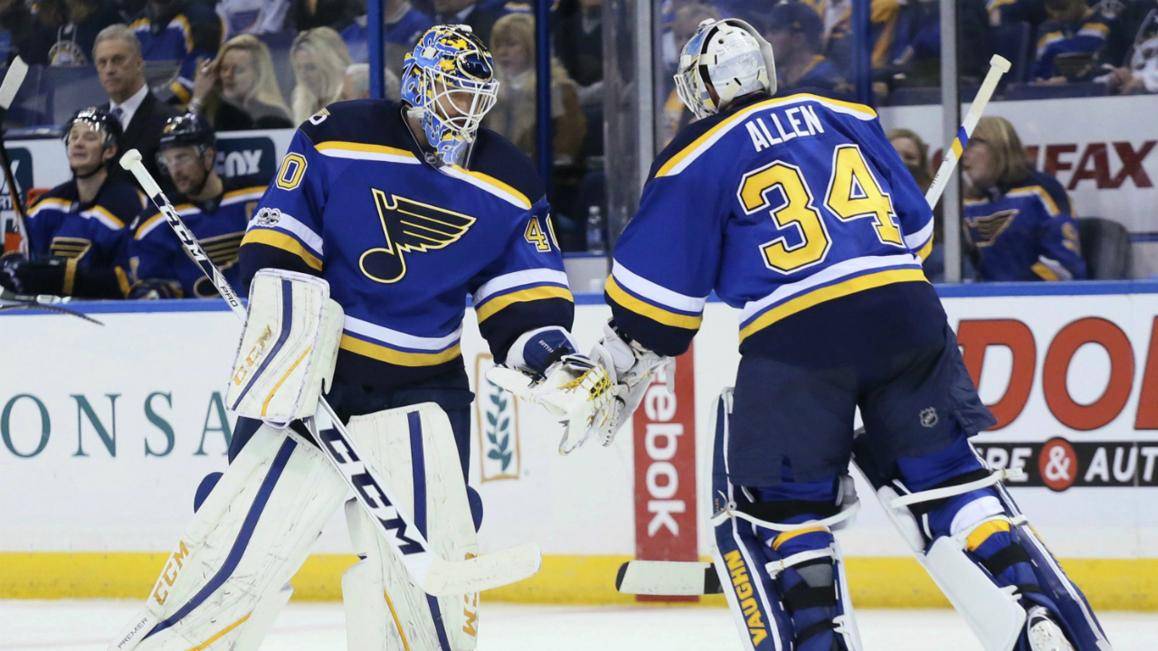 After-giving-up-two-goals-in-the-first-period,-starting-St.-Louis-Blues-goaltender-Jake-Allen-is-replaced-by-Carter-Hutton,-left,-during-the-team's-NHL-hockey-game-against-the-Washington-Capitals-on-Thursday,-Jan.-19,-2017,-in-St.-Louis.-(Chris-Lee/St.-Louis-Post-Dispatch-via-AP)