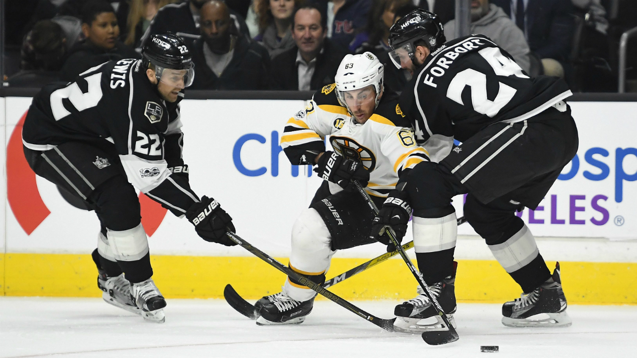 Boston-Bruins-left-wing-Brad-Marchand,-centre,-skates-between-Los-Angeles-Kings-centre-Trevor-Lewis,-left,-and-defenceman-Derek-Forbort-during-the-first-period-of-an-NHL-hockey-game,-Thursday,-Feb.-23,-2017,-in-Los-Angeles.-(Mark-J.-Terrill/AP)