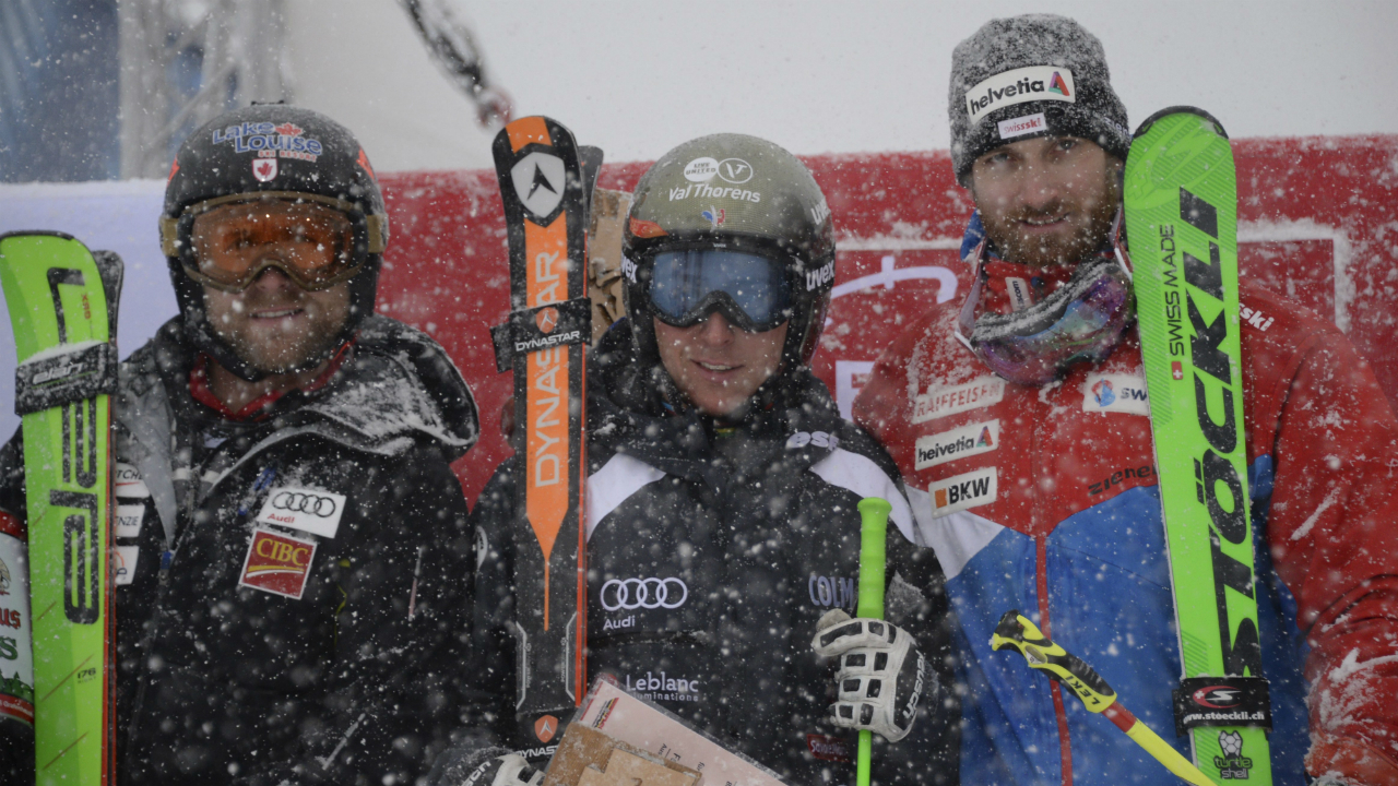 From-left:-Canada's-second-placed-Brady-Leman,-French-winner-Jean-Frederic-Chapuis-and-third-placed-Alex-Fiva-from-Switzerland-,-pose-after-the-men's-Ski-Cross-World-Cup-om-Feldberg-Mountain,-in-the-Black-Forest,-Germany,-Saturday-Feb.-4,-2017.-(Patrick-Seeger/dpa-via-AP)