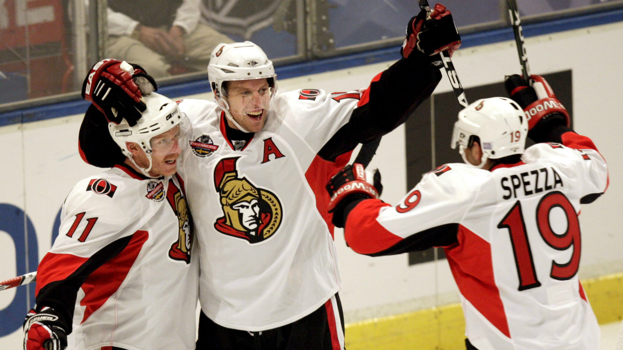 Daniel-Alfredsson,-left,-Dany-Heatley,-centre,-and-Jason-SPezza-were-named-to-the-Ottawa-Senators'-25th-anniversary-team.-(Niklas-Larsson/AP)