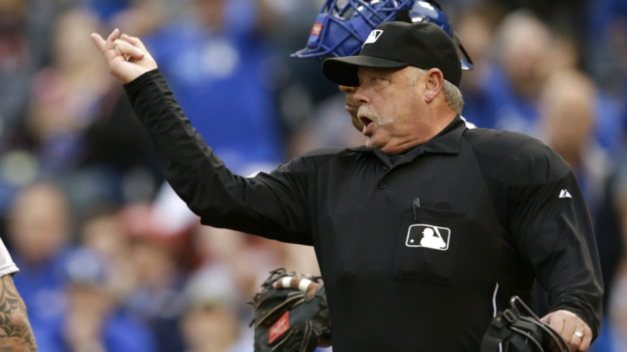 Umpire-Jim-Joyce,-right,-ejects-Kansas-City-Royals-starting-pitcher-Yordano-Ventura-from-a-baseball-game-during-the-fourth-inning-after-hitting-Oakland-Athletics'-Brett-Lawrie-(15)-with-a-pitch-at-Kauffman-Stadium-in-Kansas-City,-Mo.,-Saturday,-April-18,-2015.-(Orlin-Wagner/AP)