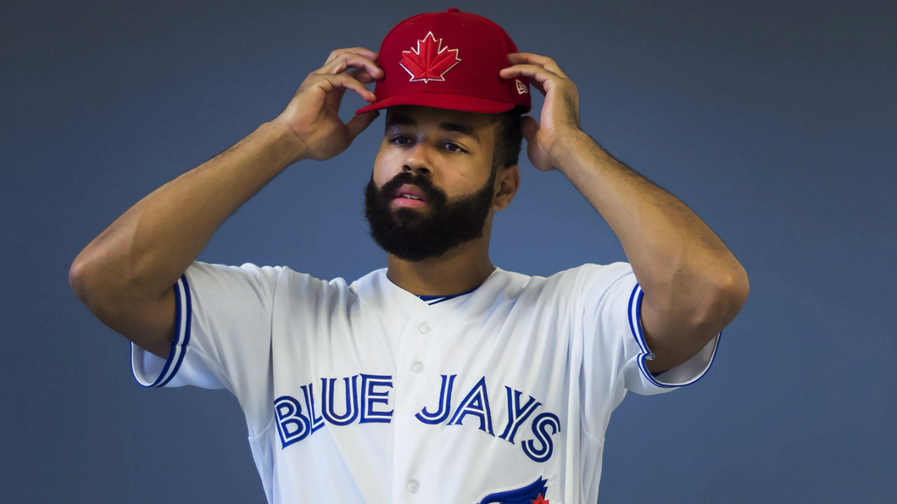 Toronto-Blue-Jays-outfielder-Dalton-Pompey-poses-for-a-photograph-during-photo-day-at-baseball-spring-training-in-Dunedin,-Fla.,-on-Tuesday,-February-21,-2017.-(Nathan-Denette/CP)