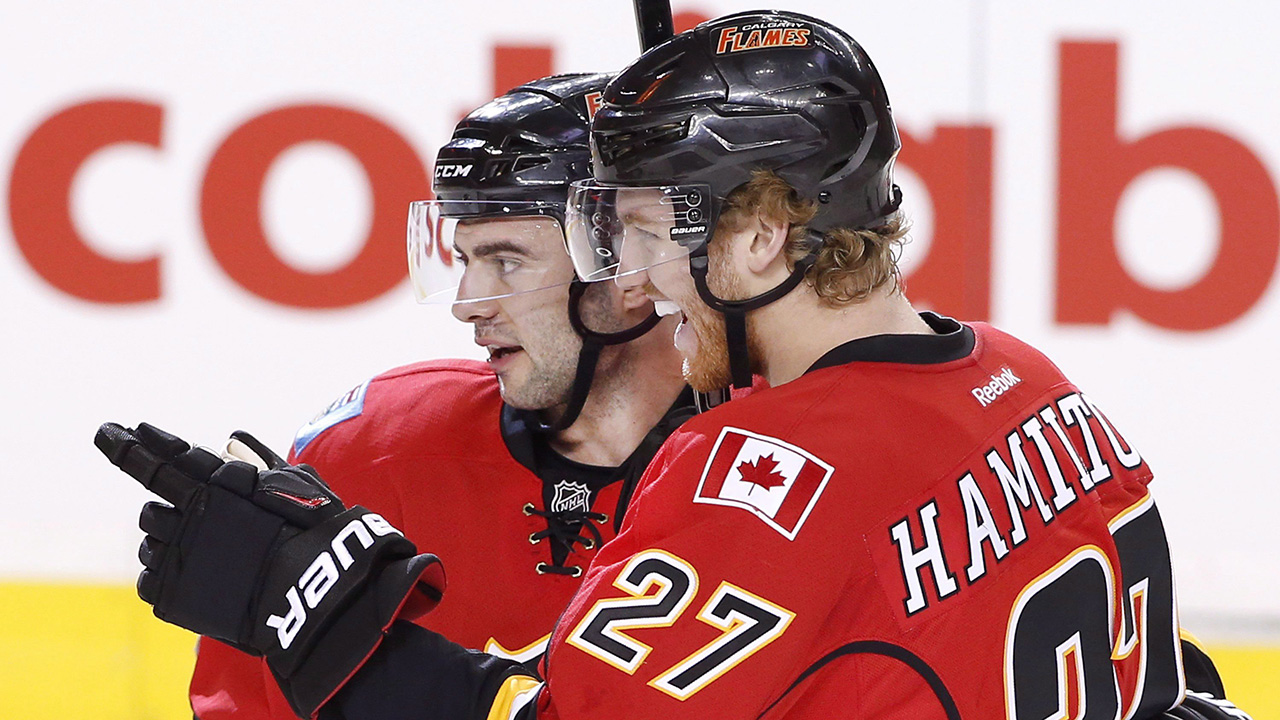 Calgary-Flames'-Dougie-Hamilton,-right,-celebrates-with-Mark-Giordano-after-scoring-against-the-Anaheim-Ducks-during-first-period-NHL-action-in-Calgary,-Alta.,-Monday,-Feb.-15,-2016.-(Larry-MacDougal/CP)