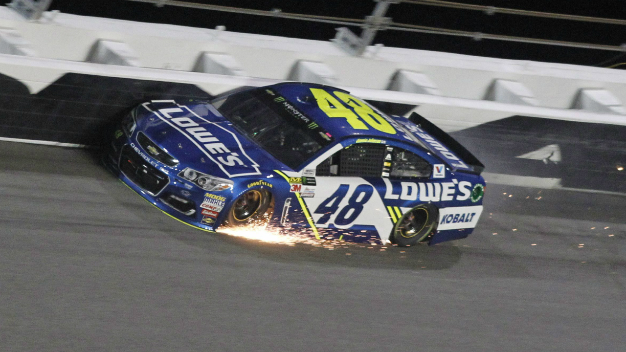 Sparks-fly-from-Jimmie-Johnson's-car-as-he-hits-the-wall-during-the-second-of-two-NASCAR-qualifying-races-for-Sunday's-Daytona-500-at-Daytona-International-Speedway-in-Daytona-Beach,-Fla.,-Thursday,-Feb.-23,-2017.-(Bill-Friel/AP)