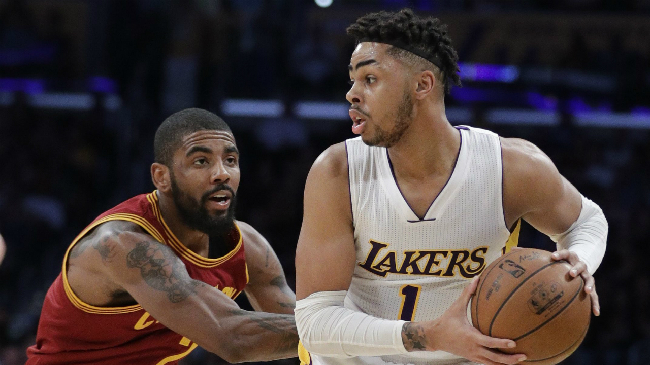 Los-Angeles-Lakers'-D'Angelo-Russell,-right,-is-pressured-by-Cleveland-Cavaliers'-Kyrie-Irving-during-the-first-half-of-an-NBA-basketball-game-Sunday,-March-19,-2017,-in-Los-Angeles.-(Jae-C.-Hong/AP)