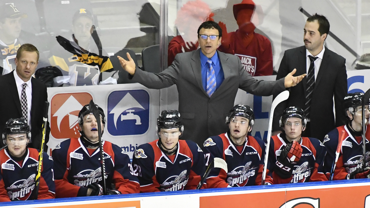 Windsor-Spitfires-head-coach-Rocky-Thompson-was-spitting-fire-over-what-he-perceived-to-be-some-embellishment-on-the-part-of-the-London-Knights.-(Aaron-Bell/OHL-Images)