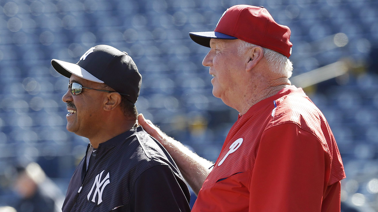 New-York-Yankees-first-base-coach-Tony-Pena,-left,-stands-with-former-Philadelphia-Phillies-manager-Charlie-Manuel.-(Lynne-Sladky/AP)