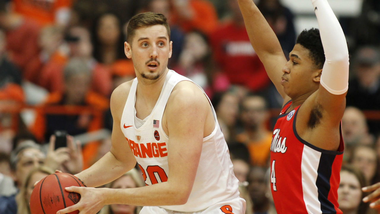 Syracuse's-Tyler-Lydon,-left,-looks-to-pass-the-ball-under-pressure-from-Mississippi's-Breein-Tyree,-right,-in-the-first-half-of-an-NCAA-college-basketball-NIT-game-in-Syracuse,-N.Y.,-Saturday,-March-18,-2017.-(Nick-Lisi/AP)