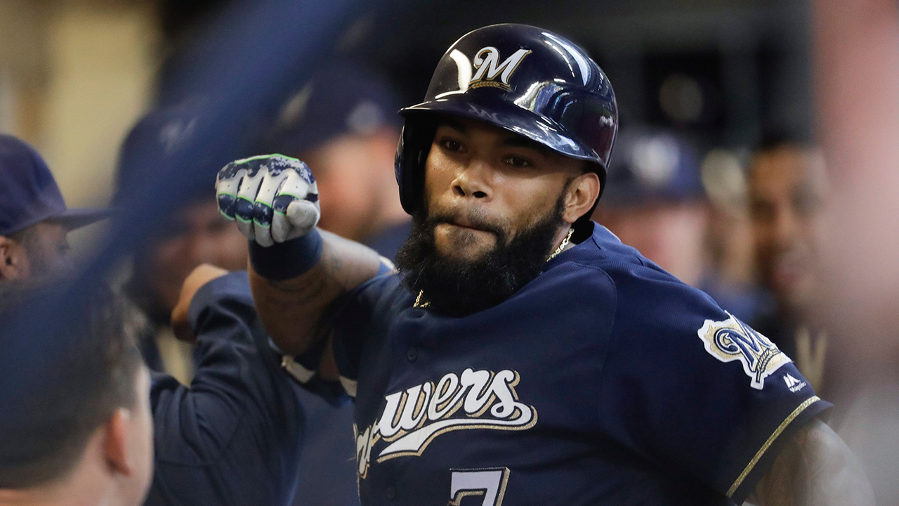 Milwaukee-Brewers'-Eric-Thames-celebrates-his-home-run-in-the-dugout-during-the-first-inning-of-a-baseball-game-against-the-Cincinnati-Reds-Monday,-April-24,-2017.-(Morry-Gash/AP)